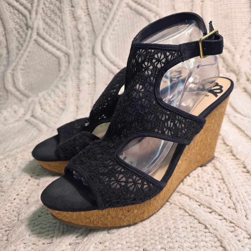 Fergalicious Wedge Sandals Black Lace Mesh Cork Platform Sexy Womens 10